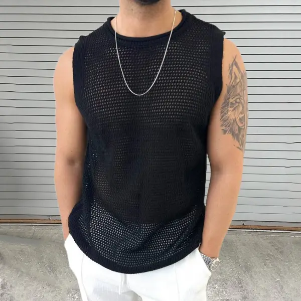 Men's Round Neck Sleeveless Hollow Pullover Sweater - Zivinfo.com 