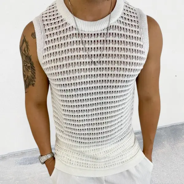 Men's Solid Color Slim Sleeveless Hollow Knit Vest - Ootdcowboys.com 