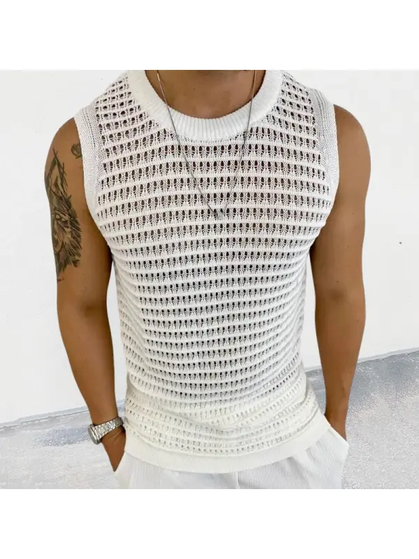 Men's Solid Color Slim Sleeveless Hollow Knit Vest - Ootdmw.com 