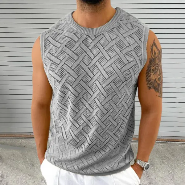 Men's Round Neck Sleeveless Hollow Knit Vest - Ootdcowboys.com 