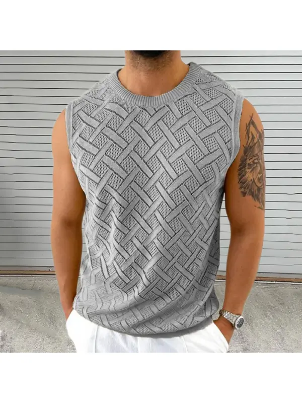 Men's Round Neck Sleeveless Hollow Knit Vest - Ootdmw.com 