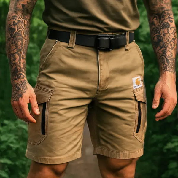 Khaki Zipper Cargo Shorts For Men - Durable And Functional Design With Multiple Pockets - Ootdcowboys.com 