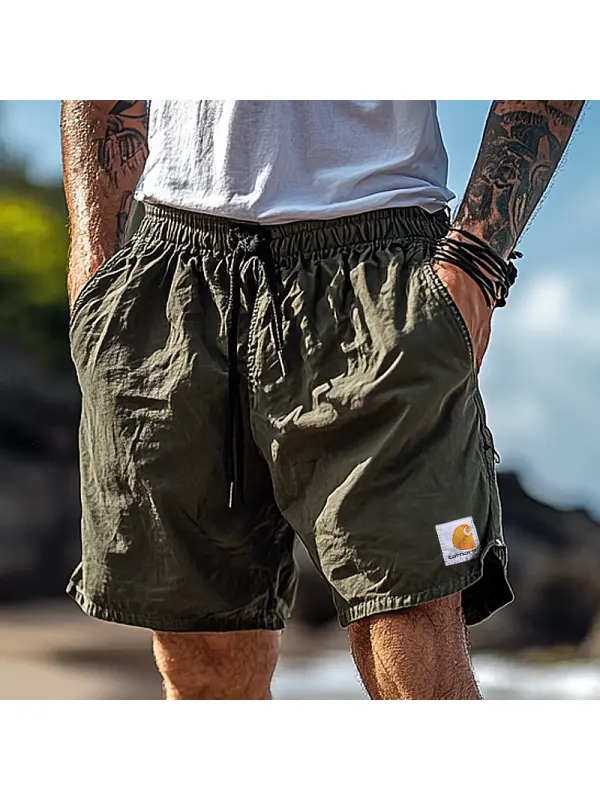 Men's Army Green Casual Cargo Shorts With Adjustable Drawstring And Side Pockets - Ootdmw.com 