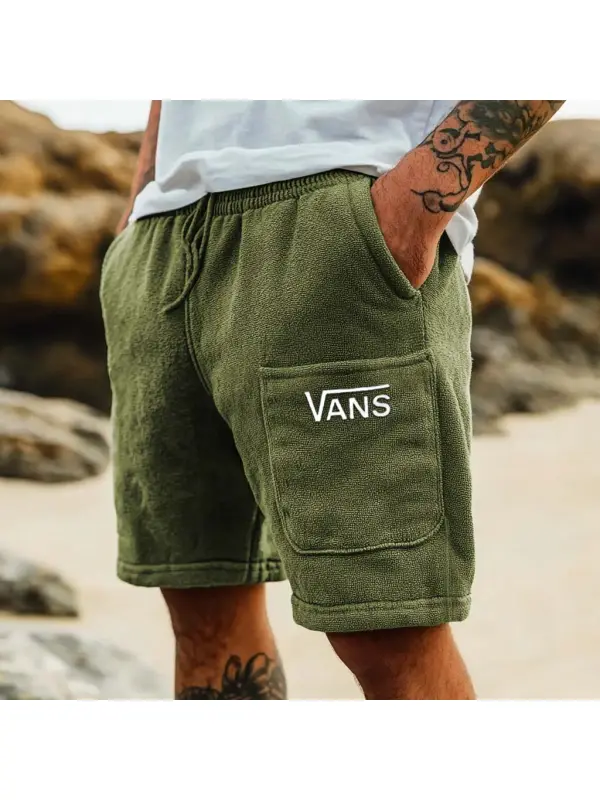 Men's Vintage Terry Towelling Embroidery Elastic Drawstring Surfing Shorts Army Green Boardshorts - Ootdmw.com 