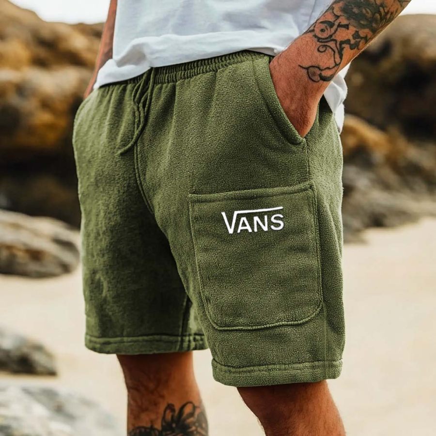 

Men's Vintage Terry Towelling Embroidery Elastic Drawstring Surfing Shorts Army Green Boardshorts