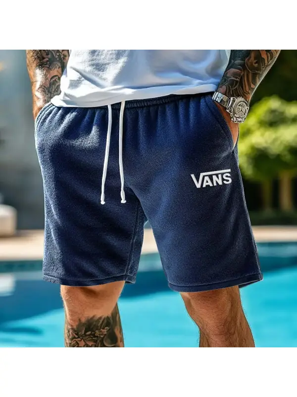 Men's Vintage Terry Towelling Embroidery Elastic Drawstring Surfing Shorts Navy Boardshorts - Ootdmw.com 