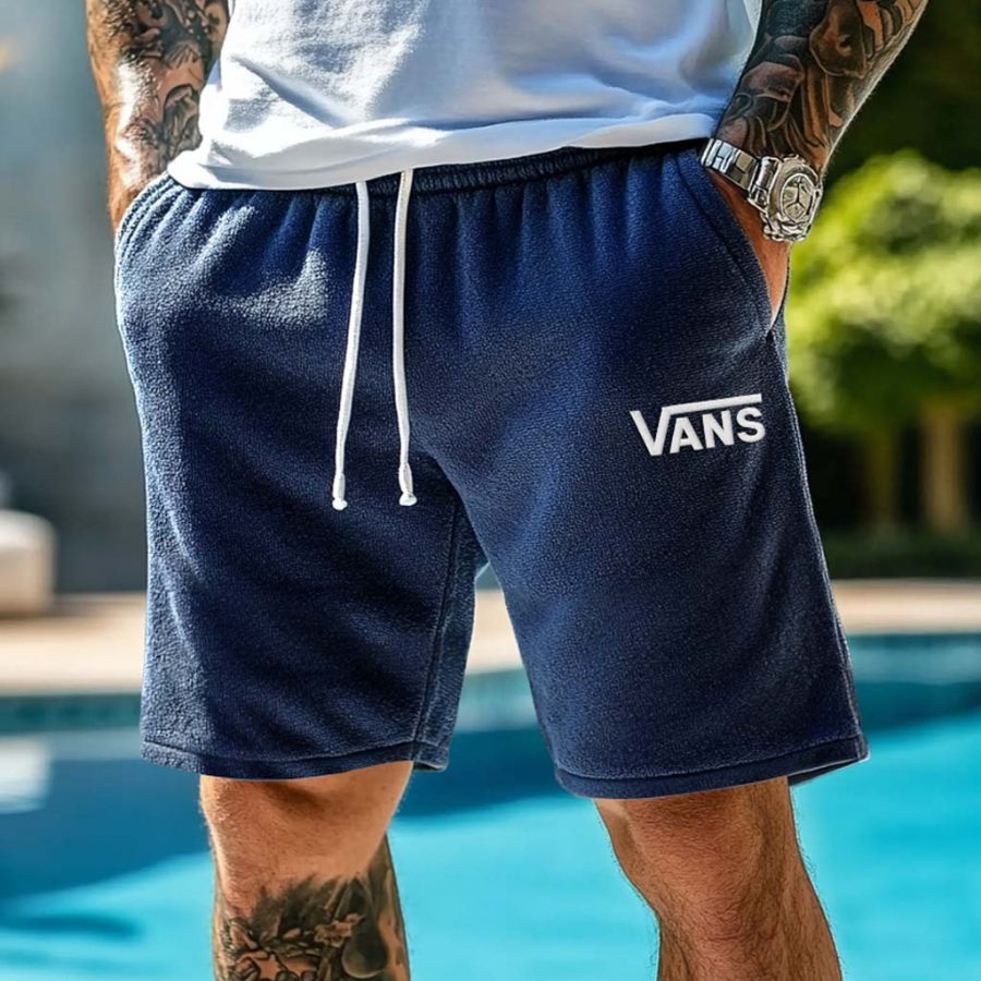 

Men's Vintage Terry Towelling Embroidery Elastic Drawstring Surfing Shorts Navy Boardshorts
