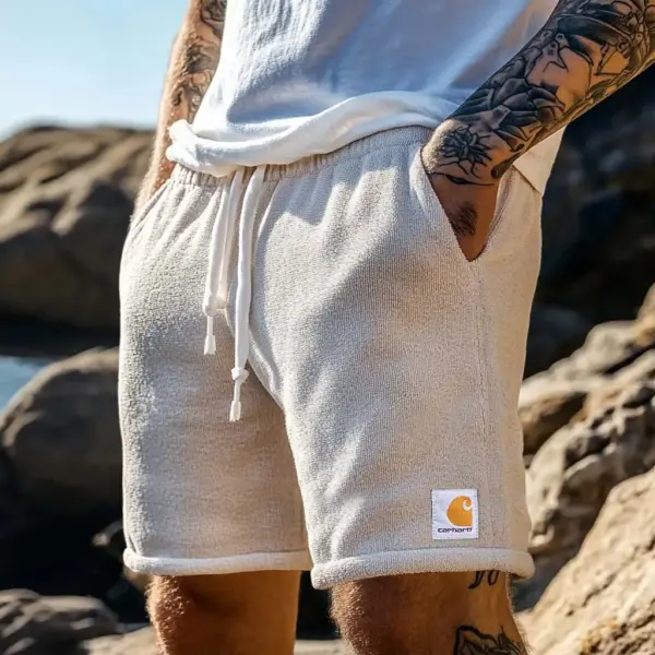 Men's Vintage Terry Towelling Elastic Drawstring Surfing Shorts Beige Boardshorts - Spiretime.com 