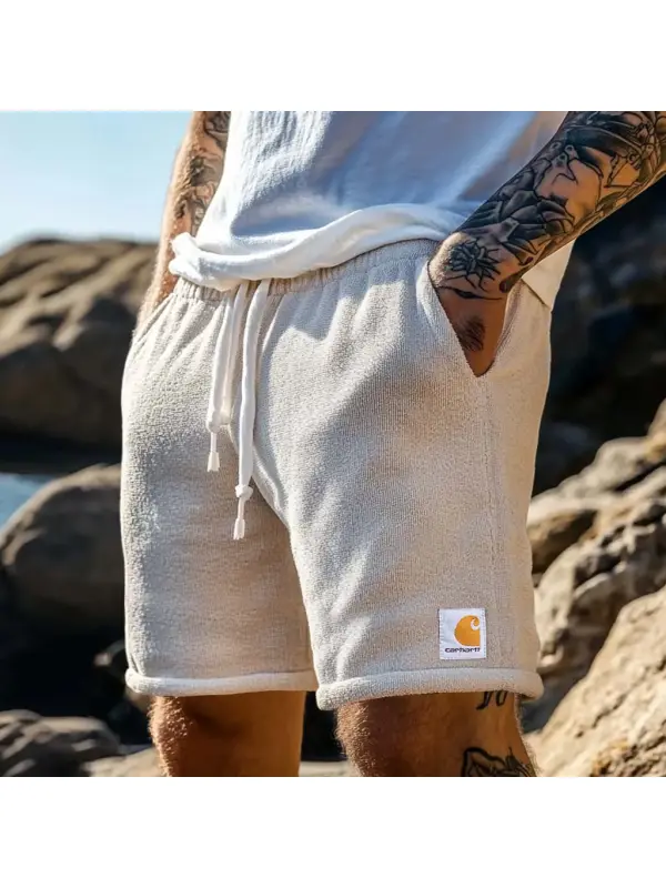 Men's Vintage Terry Towelling Elastic Drawstring Surfing Shorts Beige Boardshorts - Ootdmw.com 