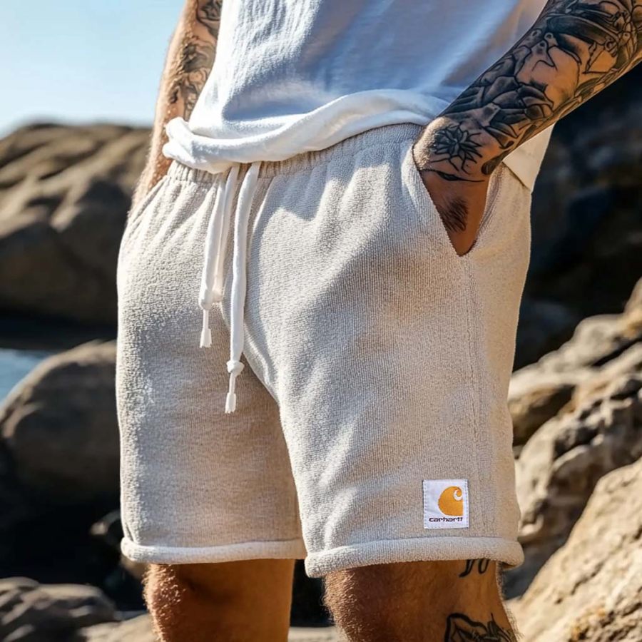 

Men's Vintage Terry Towelling Elastic Drawstring Surfing Shorts Beige Boardshorts