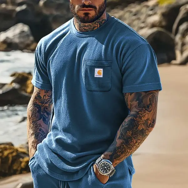 Men's Vintage Terry Towelling Surfing Patch Pocket Short Sleeve Crew Neck T-Shirt - Ootdcowboys.com 