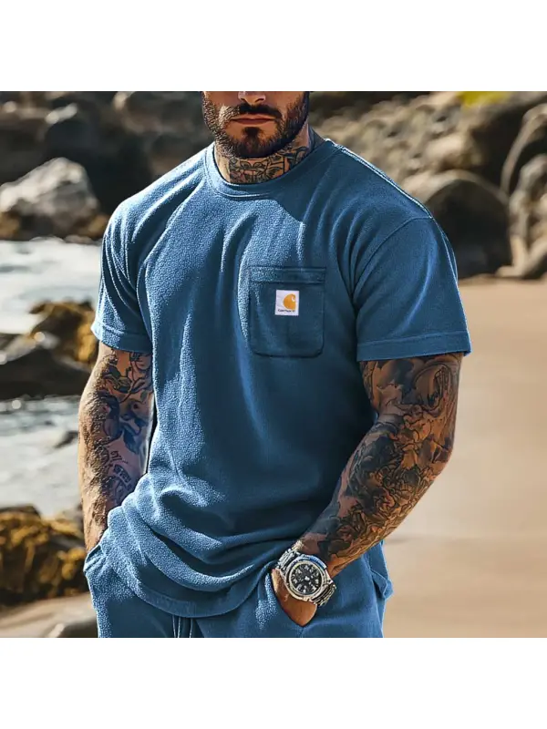 Men's Vintage Terry Towelling Surfing Patch Pocket Short Sleeve Crew Neck T-Shirt - Ootdmw.com 