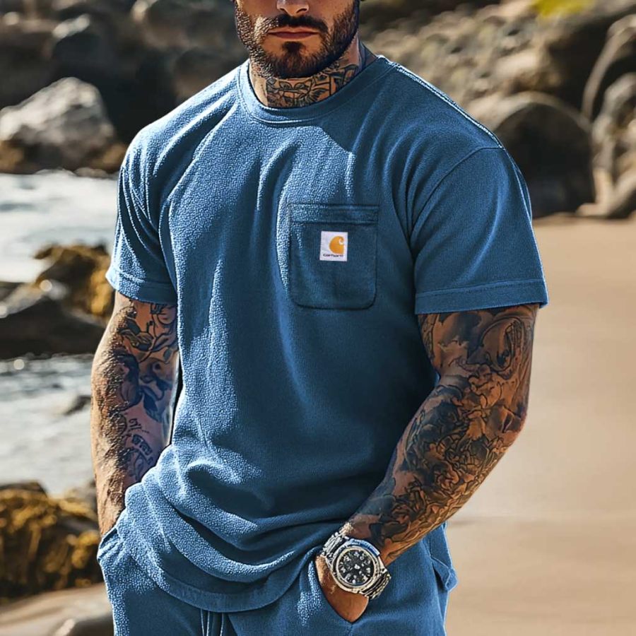 

Men's Vintage Terry Towelling Surfing Patch Pocket Short Sleeve Crew Neck T-Shirt