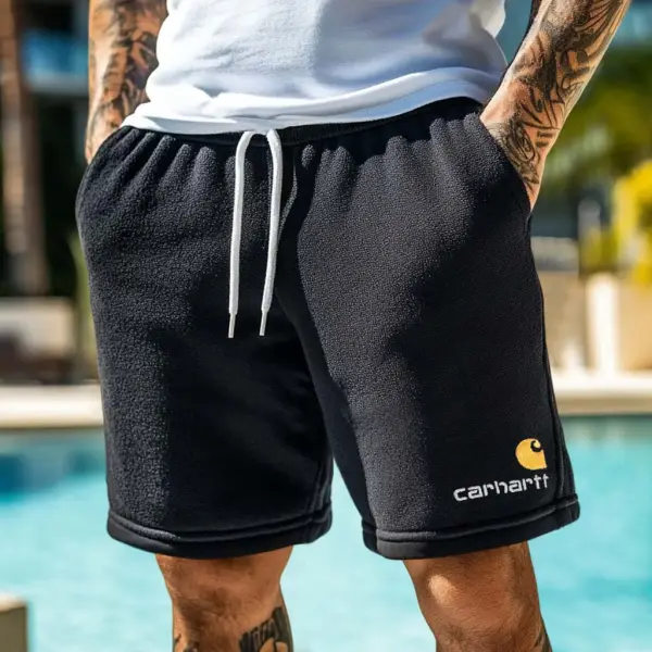 Men's Vintage Terry Towelling Embroidery Elastic Drawstring Surfing Shorts Black Boardshorts - Zivinfo.com 