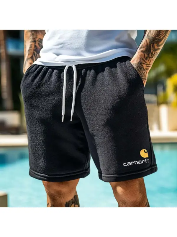 Men's Vintage Terry Towelling Embroidery Elastic Drawstring Surfing Shorts Black Boardshorts - Ootdmw.com 