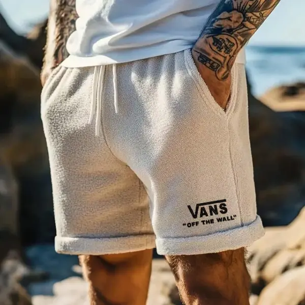 Men's Vintage Terry Towelling Embroidery Elastic Drawstring Surfing Shorts Beige Boardshorts - Zivinfo.com 