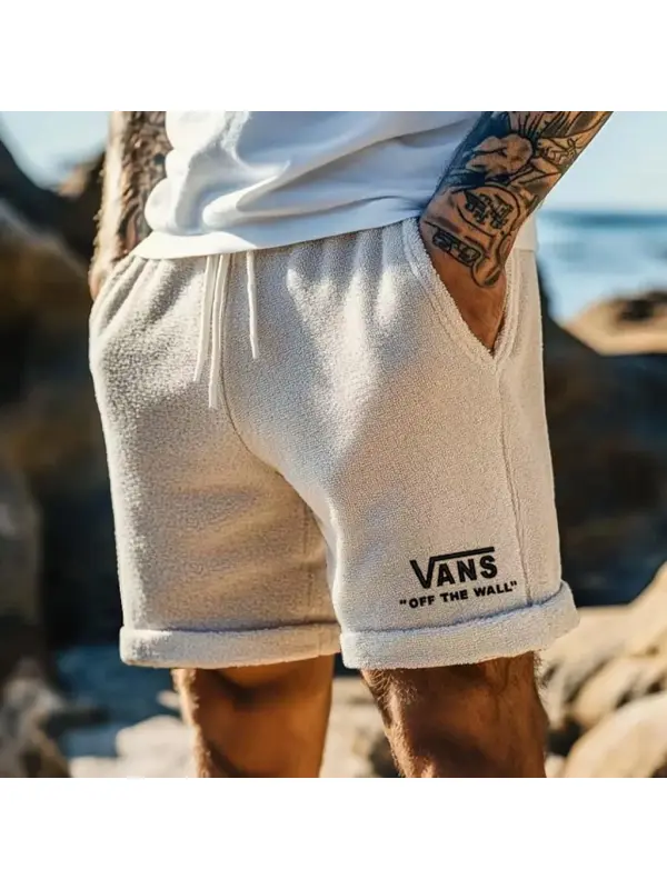 Men's Vintage Terry Towelling Embroidery Elastic Drawstring Surfing Shorts Beige Boardshorts - Anrider.com 