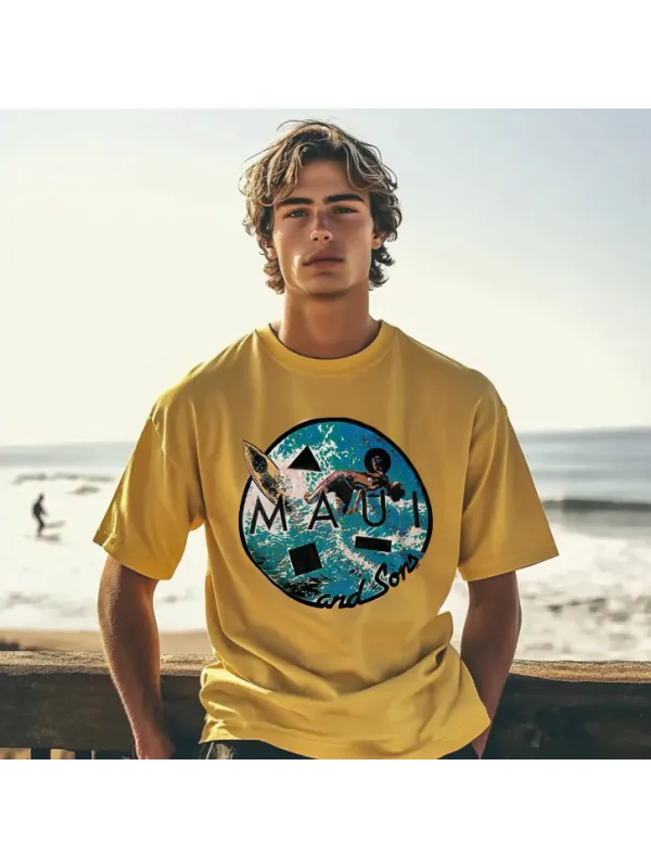 Men's Yellow Casual Loose Surf T-Shirt - Ootdmw.com 
