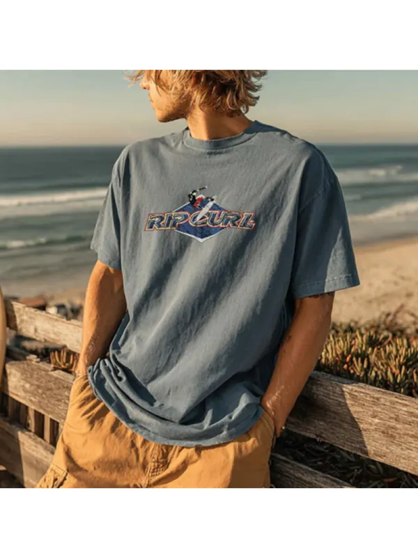 Men's Blue Casual Loose Surf T-Shirt - Ootdmw.com 