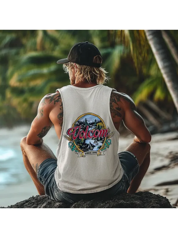 Vintage Unisex Beach Vacation Surf Logo Print Sleeveless Tank Top - Ootdmw.com 