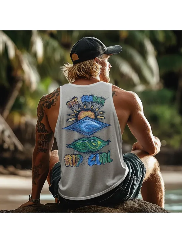Vintage Unisex Beach Vacation Surf Logo Print Sleeveless Tank Top - Ootdmw.com 
