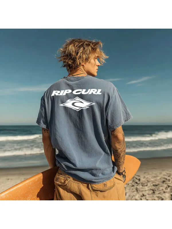 Men's Blue Casual Loose Surf T-Shirt - Ootdmw.com 