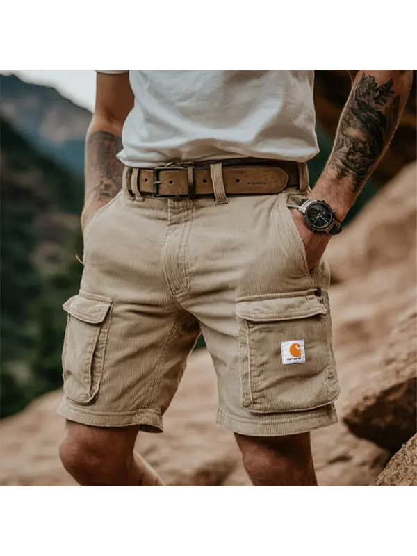 Men's Vintage Corduroy Surf Multi-Pocket Elastic Drawstring Cargo Shorts - Ootdmw.com 