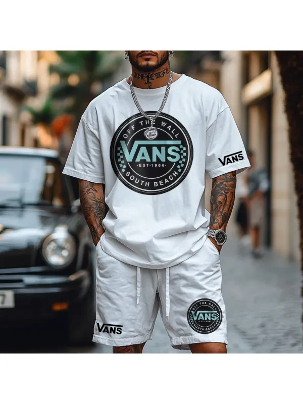 Retro Street Print Short Sleeve Shorts Two-Piece Set - Ootdmw.com 