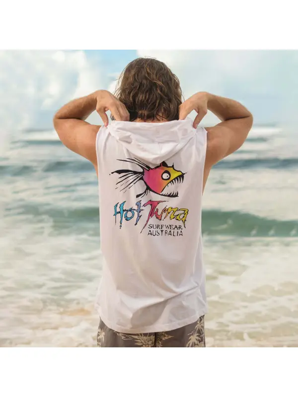 Men's Beach Leisure Surf Print Hooded Tank Top - Frontiercool.com 