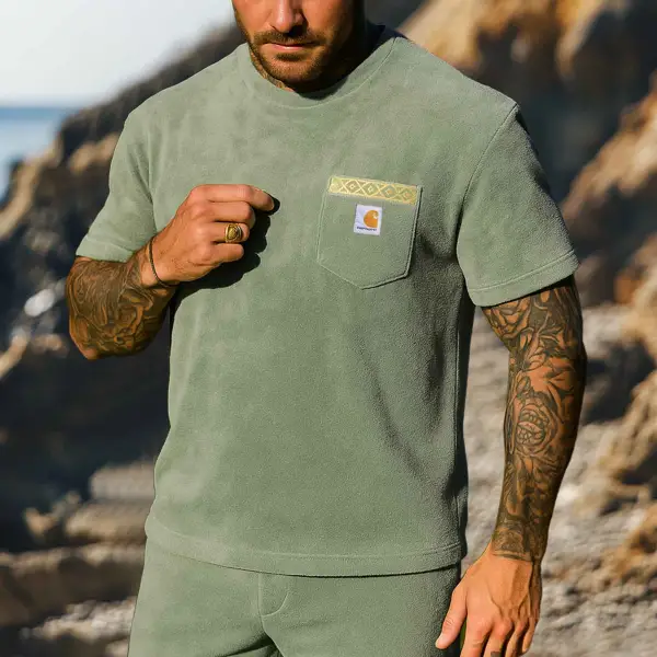 Men's Vintage Terry Towelling Aztec Embroidered Surfing Chest Pocket Short Sleeve Crew Neck T-Shirt - Ootdcowboys.com 