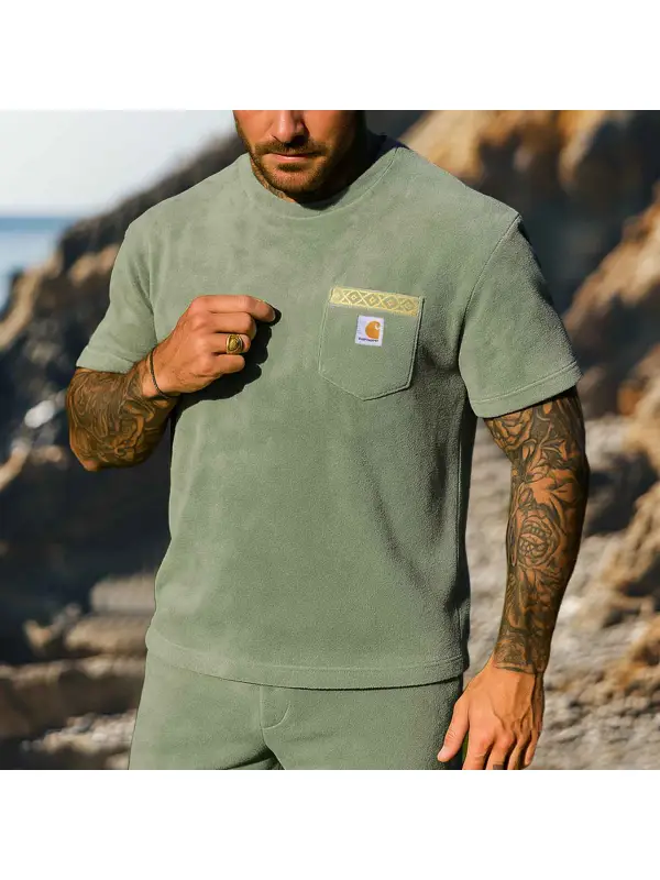 Men's Vintage Terry Towelling Aztec Embroidered Surfing Chest Pocket Short Sleeve Crew Neck T-Shirt - Frontiercool.com 