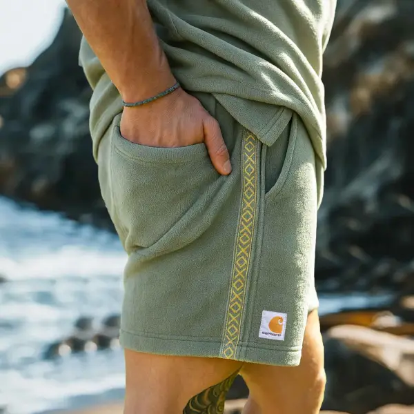 Men's Vintage Terry Towelling Cloth Aztec Embroidery Elastic Drawstring Surfing Shorts Boardshorts - Spiretime.com 