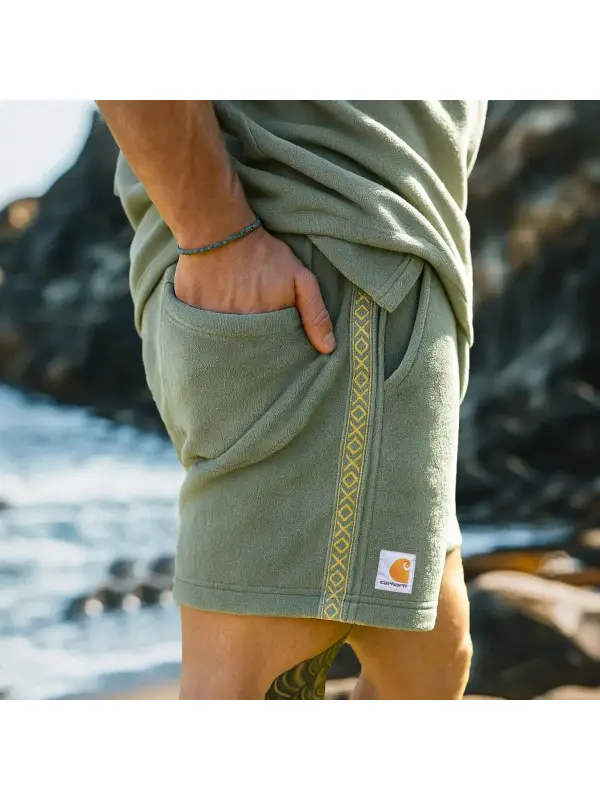 Men's Vintage Terry Towelling Cloth Aztec Embroidery Elastic Drawstring Surfing Shorts Boardshorts - Frontiercool.com 
