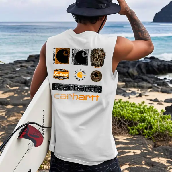Men's Vintage Surf Print Crew Neck Sleeveless Tank Top - Ootdyouth.com 