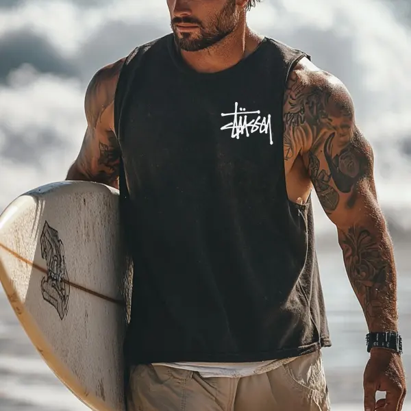 Men's Vintage Surfing Oversized Print Tank Top - Ootdyouth.com 