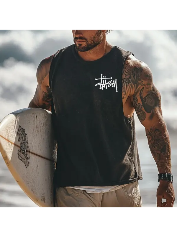 Men's Vintage Surfing Oversized Print Tank Top - Frontiercool.com 