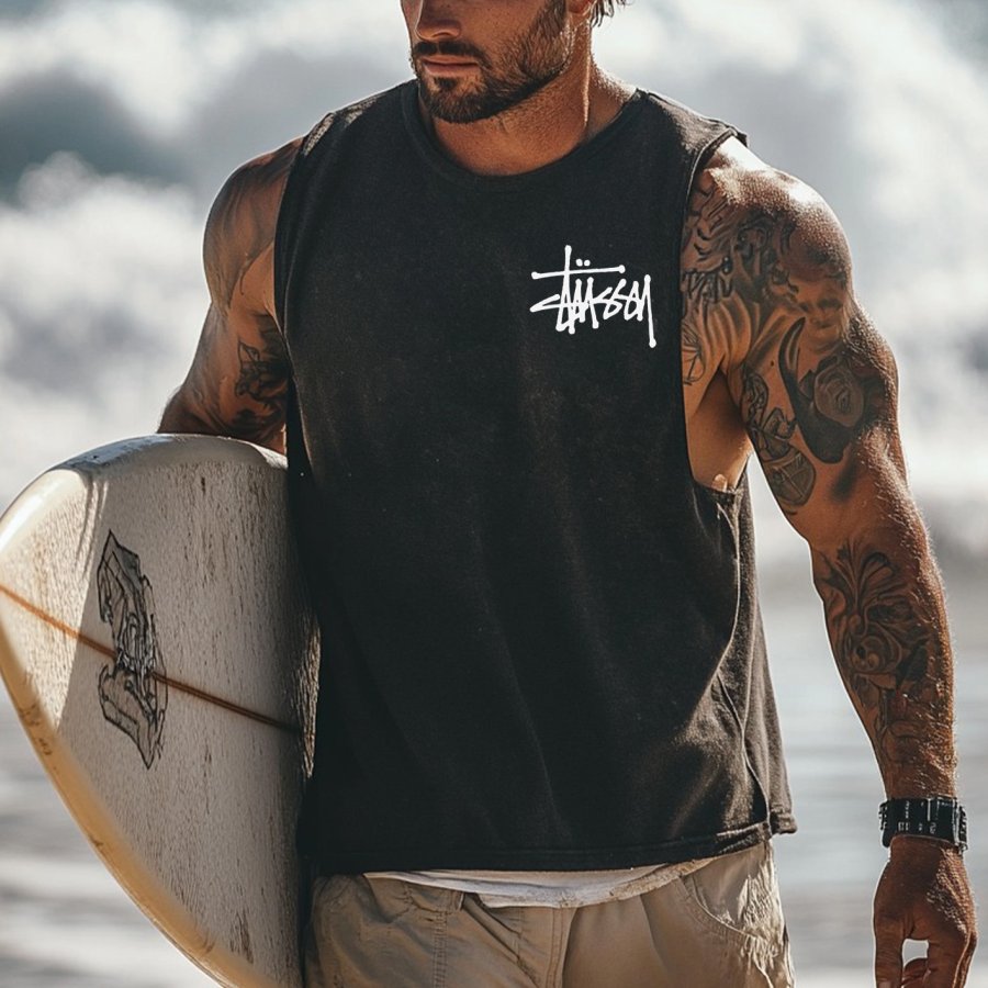 

Men's Vintage Surfing Oversized Print Tank Top