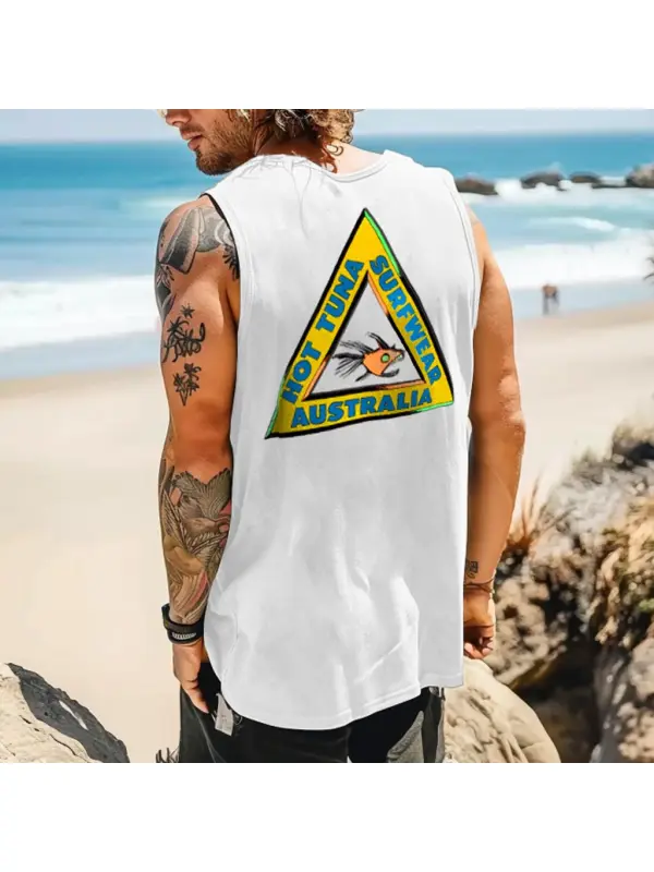 Men's Vintage 1987 Hot Fish Surf Print Crew Neck Sleeveless Tank Top - Anrider.com 