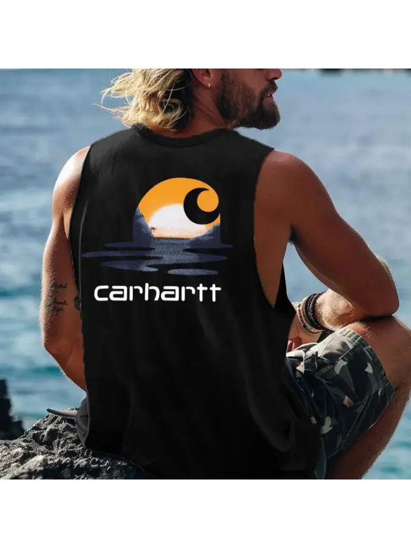 Men's Vintage Surf Lake Print Crew Neck Sleeveless Tank Top - Anrider.com 