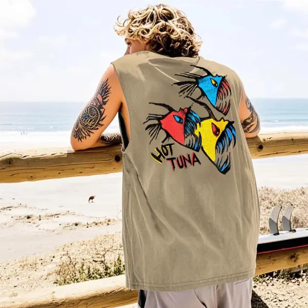 Men's Vintage Hot Fish Surf Print Crew Neck Sleeveless Tank Top - Yesunshine.com 