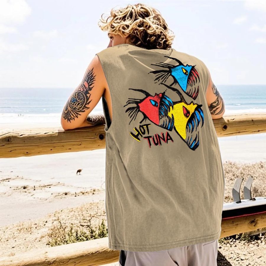 

Men's Vintage Hot Fish Surf Print Crew Neck Sleeveless Tank Top