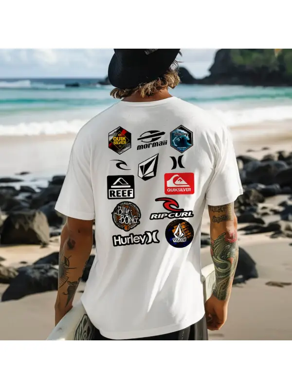 Men's Vintage Surf Print Cotton Short Sleeve T-Shirt - Anrider.com 