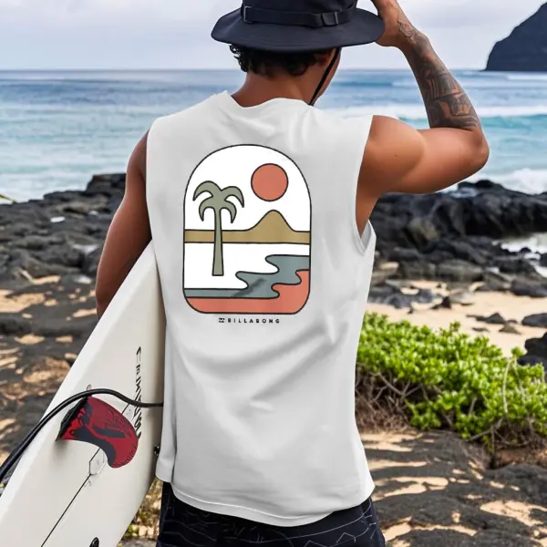 Men's Vintage Surf Palm Tree Sunset Print Crew Neck Sleeveless Tank Top - Yesunshine.com 