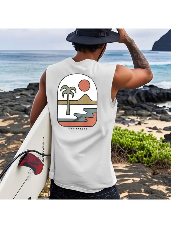 Men's Vintage Surf Palm Tree Sunset Print Crew Neck Sleeveless Tank Top - Anrider.com 