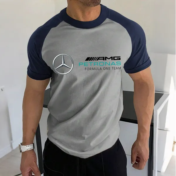 Men's Racing Logo Print Contrast Color Short Sleeve T-Shirt - Ootdyouth.com 