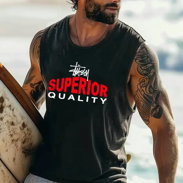 Men's Vintage Surfing Superior Quality Print Round Neck Sleeveless Tank Top - Ootdyouth.com 