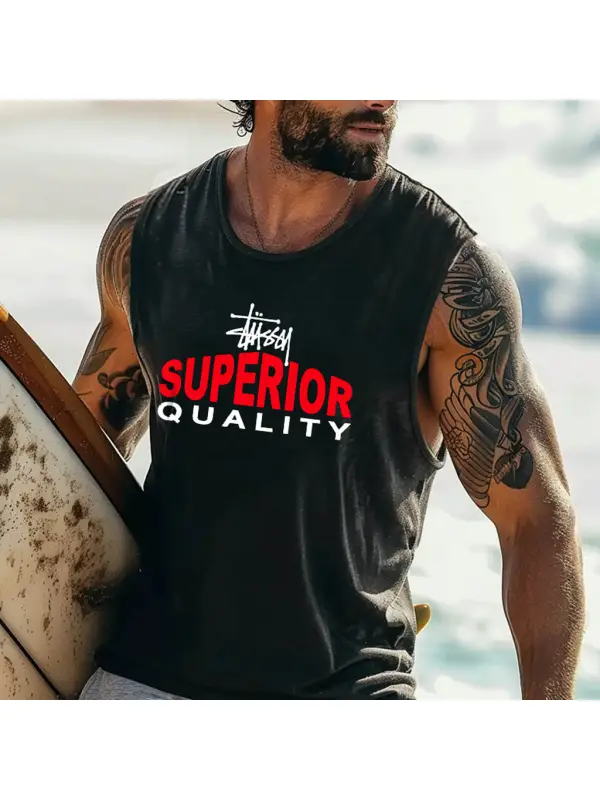 Men's Vintage Surfing Superior Quality Print Round Neck Sleeveless Tank Top - Frontiercool.com 