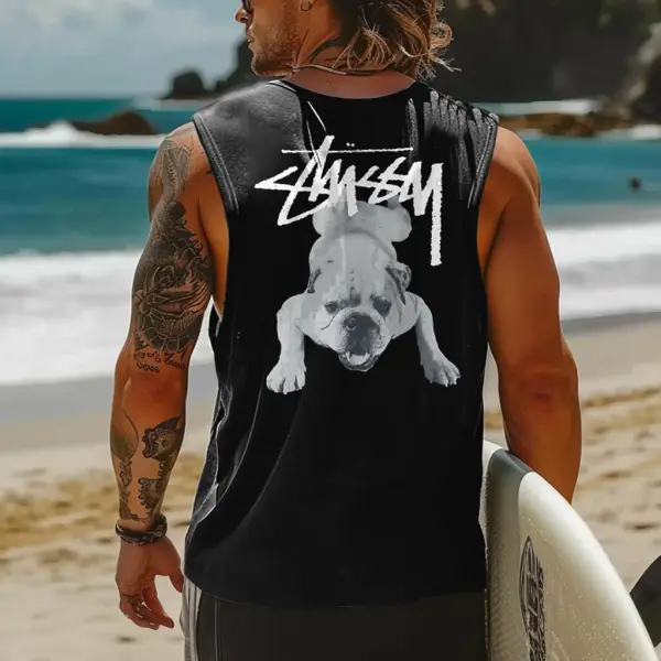 Men's Vintage Surfing Dog Print Round Neck Sleeveless Tank Top - Ootdyouth.com 