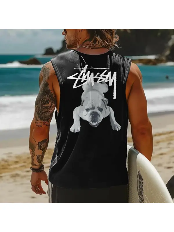 Men's Vintage Surfing Dog Print Round Neck Sleeveless Tank Top - Frontiercool.com 