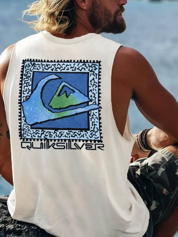 Men's Vintage Surfing Co Mountain Print Round Neck Sleeveless Tank Top - Menwyx.com 